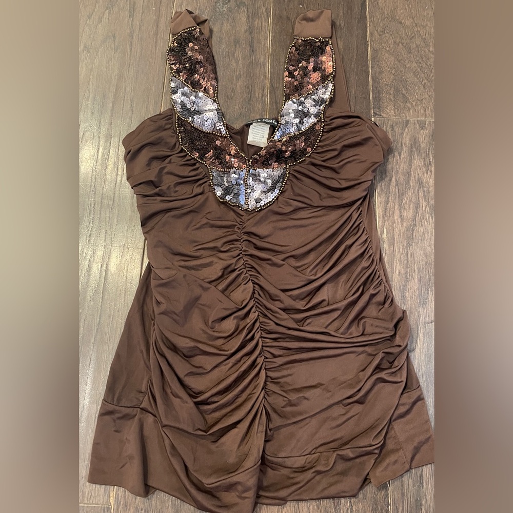Vintage 90s Y2K Wet Seal Beaded Babydoll Tank Top Womens LG Brown USA Clubwear